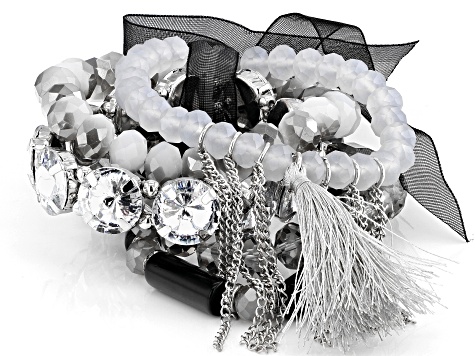 Champagne 5 Piece Set and Black and White 5 Piece Set of Stretch Bracelets