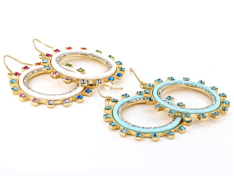 Multi-Color Crystal W/ Blue and White Enamel Circle Set of 2 Earrings
