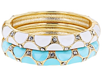 Picture of Crystal, White and Turquoise Color Enamel Gold Tone Set of 2 Bangle Bracelets