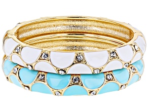 Crystal, White and Turquoise Color Enamel Gold Tone Set of 2 Bangle Bracelets