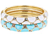 Crystal, White and Turquoise Color Enamel Gold Tone Set of 2 Bangle Bracelets