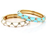 Crystal, White and Turquoise Color Enamel Gold Tone Set of 2 Bangle Bracelets