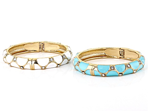 Crystal, White and Turquoise Color Enamel Gold Tone Set of 2 Bangle Bracelets