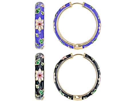Black and Purple Enamel Gold Tone Set of 2 Floral Hoop Earrings