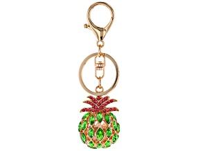 Pink and Green Crystal Gold Tone Pineapple Key Chain