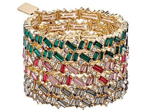 Multi-Color Crystal Gold Tone Set of 6 Stretch Bracelets