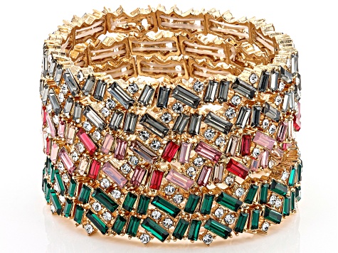 Multi-Color Crystal Gold Tone Set of 6 Stretch Bracelets