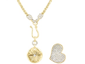 White Crystal Gold Tone Anniversary Chain With Heart & Sunburst Interchangeable Pendants