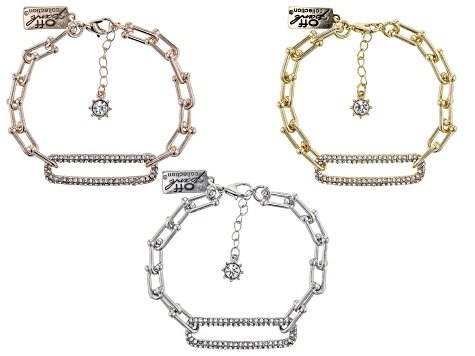 White Crystal Tri-Tone Set of 3 Bracelets