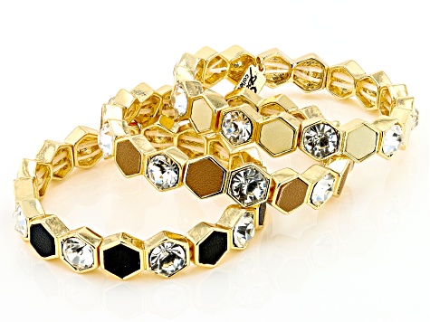 White Crystal Gold Tone Set of 3 Stretch Bracelets