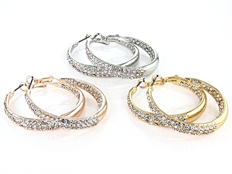 White Crystal Tri-Tone Set of 3 Inside/Outside Hoop Earrings