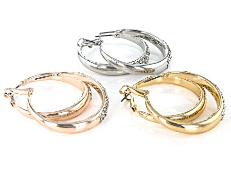 White Crystal Tri-Tone Set of 3 Inside/Outside Hoop Earrings