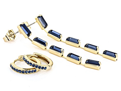 Blue Montana Crystal Gold Tone Brass Set of Two Earrings