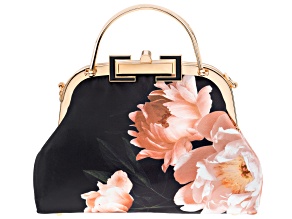 Gold Tone Black and Pink Floral Printed Clutch