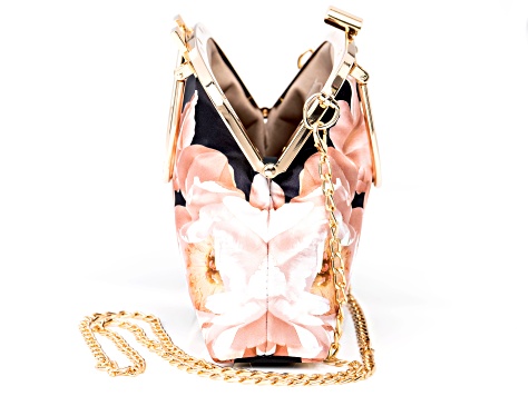 Gold Tone Black and Pink Floral Printed Clutch - OPC1346 | JTV