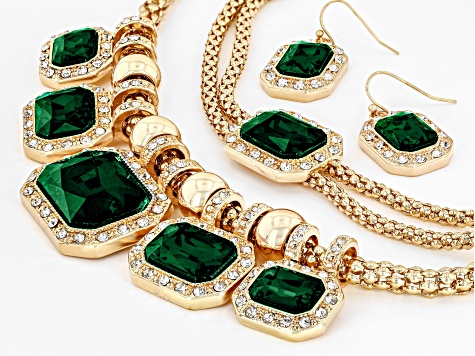 Green Crystal Gold Tone Necklace, Bracelet & Earring Set