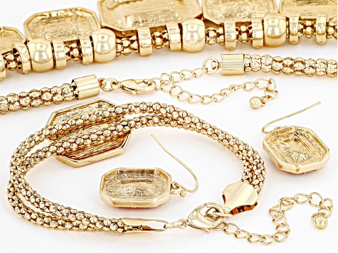 Red Crystal Gold Tone Necklace, Bracelet & Earring Set