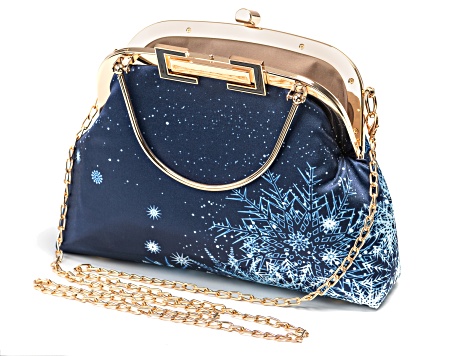 Navy & White Gold Tone Snowflake Print Clutch