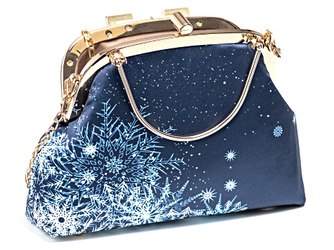 Navy & White Gold Tone Snowflake Print Clutch