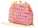 Gold Tone Pink Fabric Patterned Clutch