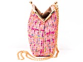 Gold Tone Pink Fabric Patterned Clutch
