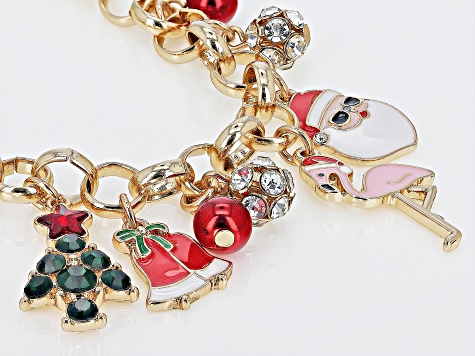 Crystal Gold Tone Holiday Charm Bracelet