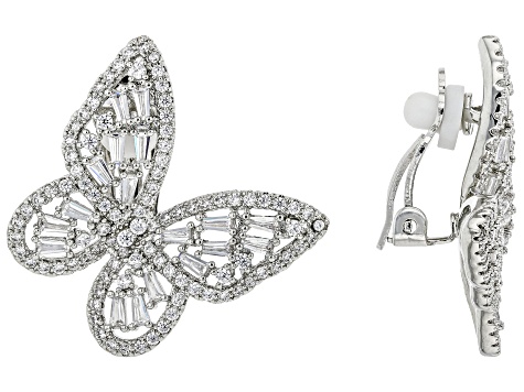 White Cubic Zirconia Silver Tone Butterfly Clip-On Earrings 6.00ctw