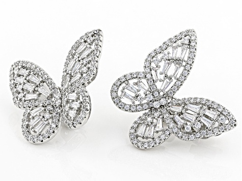 White Cubic Zirconia Silver Tone Butterfly Clip-On Earrings 6.00ctw
