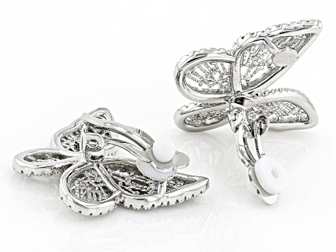 White Cubic Zirconia Silver Tone Butterfly Clip-On Earrings 6.00ctw