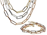 White Crystal Accent Tri-Color Tone Stainless Steel Paperclip Necklace & Bracelet Set