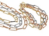 White Crystal Accent Tri-Color Tone Stainless Steel Paperclip Necklace & Bracelet Set