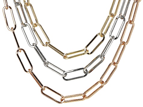 White Crystal Accent Tri-Color Tone Stainless Steel Paperclip Necklace & Bracelet Set