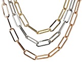 White Crystal Accent Tri-Color Tone Stainless Steel Paperclip Necklace & Bracelet Set