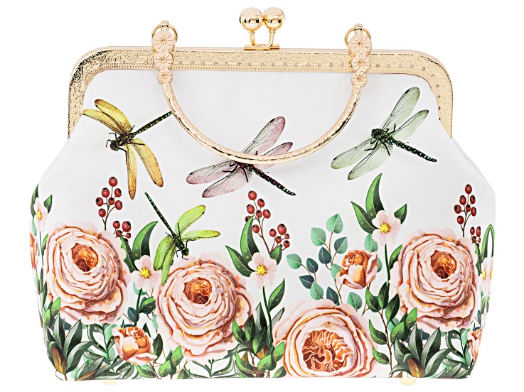 Gold Tone Dragonfly Fabric Printed Clutch - OPC1385 | JTV