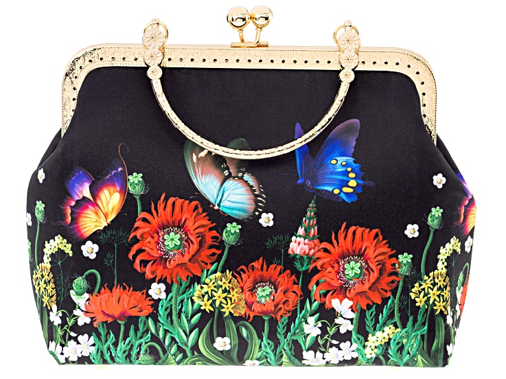 Gold Tone Butterfly and Floral Fabric Printed Clutch
