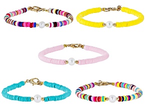 Cultured Freshwater Pearl & Rubber Gold Tone Set of 5 Bracelets.