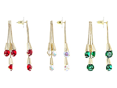 Multi-Color Crystal Gold Tone Set of 3 Earrings