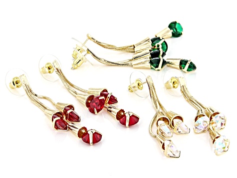 Multi-Color Crystal Gold Tone Set of 3 Earrings