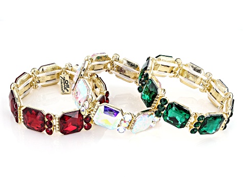 Multi-Color Crystal Gold Tone Set of 3 Stretch Bracelets