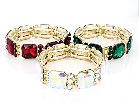 Multi-Color Crystal Gold Tone Set of 3 Stretch Bracelets