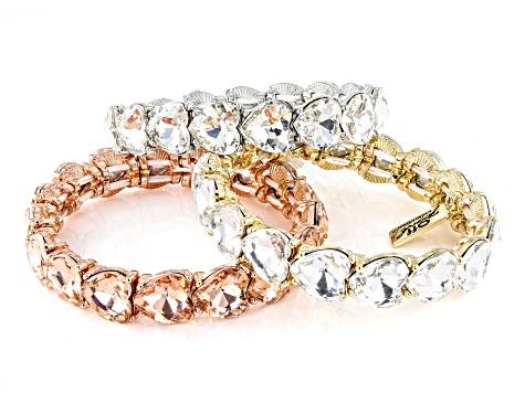 White & Pink Crystal Tri-Tone Set of 3 Stretch Bracelets