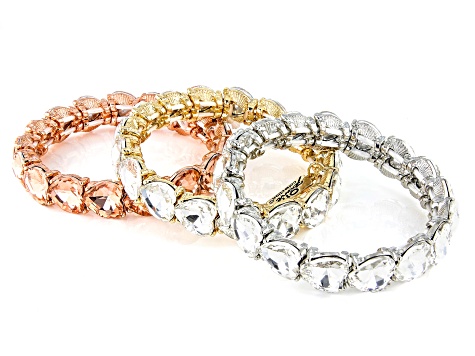 White & Pink Crystal Tri-Tone Set of 3 Stretch Bracelets