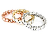 White & Pink Crystal Tri-Tone Set of 3 Stretch Bracelets