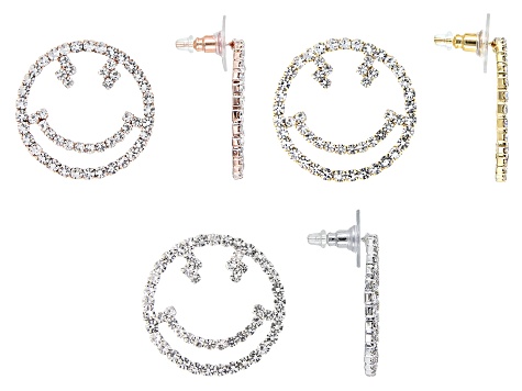 White Crystal Tri-Tone Set of 3 Smiley Face Earrings