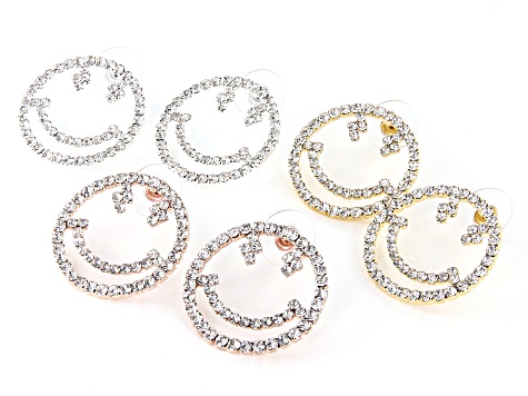 White Crystal Tri-Tone Set of 3 Smiley Face Earrings
