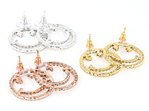 White Crystal Tri-Tone Set of 3 Smiley Face Earrings