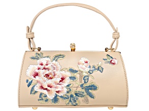 Gold Tone Tan Imitation Leather Floral Clutch