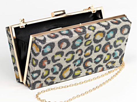 Multi-Color Crystal Gold Tone Animal Print Clutch