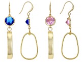 Rose & Sapphire Color Crystal Gold Tone Set of 2 Earrings