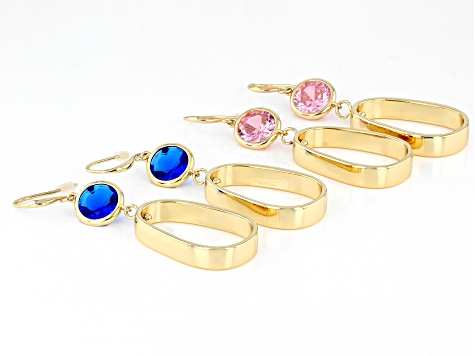 Rose & Sapphire Color Crystal Gold Tone Set of 2 Earrings